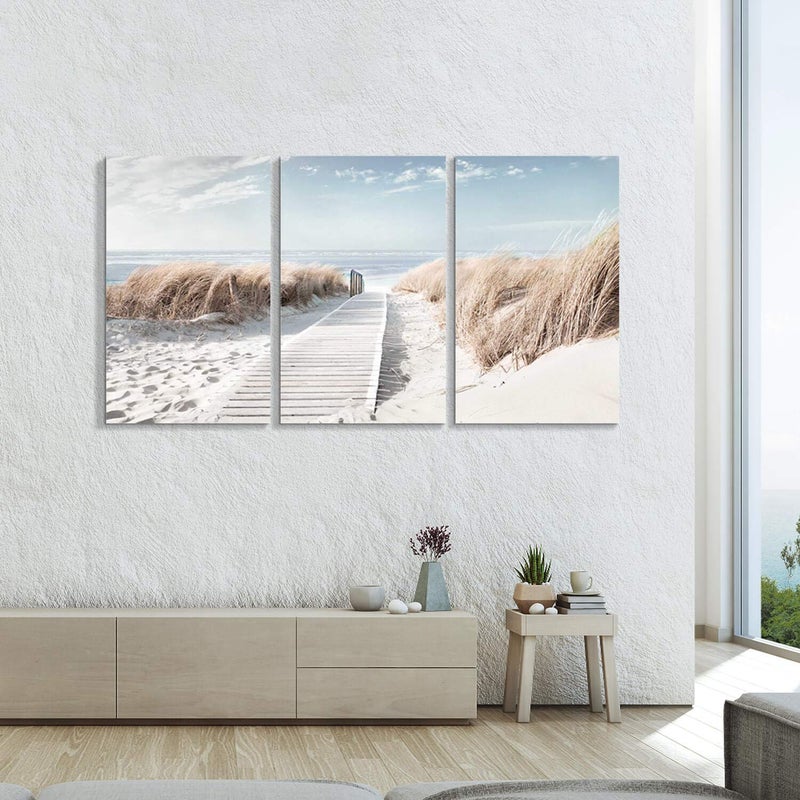 Hardy Gallery Beach Scene Picture Coastal Painting: Oceanside Sea Grass Trail Artwork on Canvas Print for Office(26''x16''x3pcs) - Image 5
